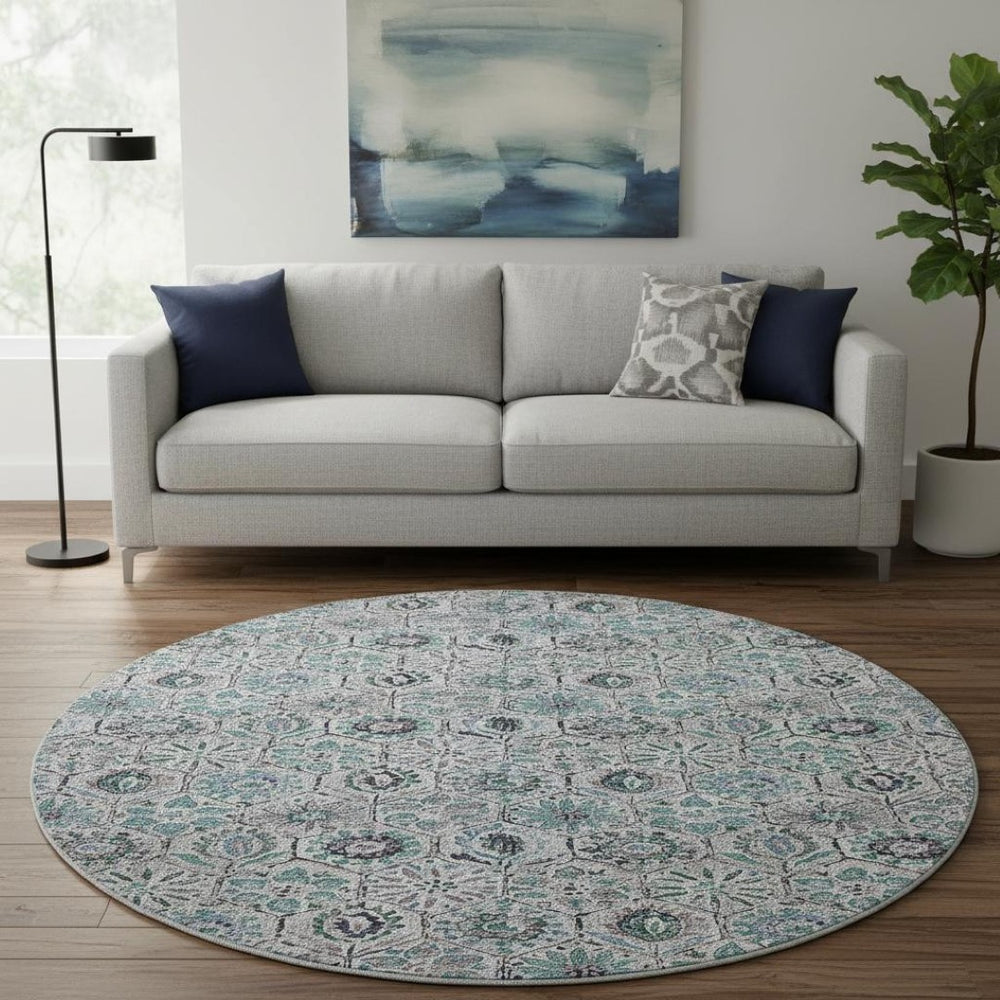 HomeRoots 8' X 10' Stylish Teal Gray Silver Floral Area Rug - Washable, UV Protected, Perfect for Busy Homes! 708677