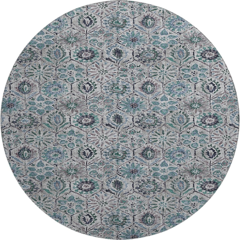 HomeRoots 8' X 10' Stylish Teal Gray Silver Floral Area Rug - Washable, UV Protected, Perfect for Busy Homes! 708677