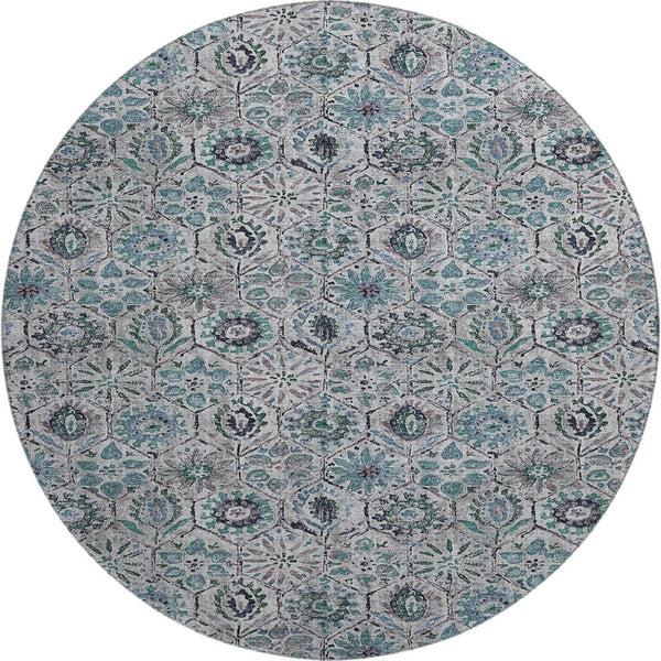 HomeRoots 8' X 10' Stylish Teal Gray Silver Floral Area Rug - Washable, UV Protected, Perfect for Busy Homes! 708677