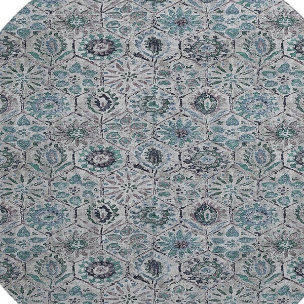 HomeRoots 8' X 10' Stylish Teal Gray Silver Floral Area Rug - Washable, UV Protected, Perfect for Busy Homes! 708677