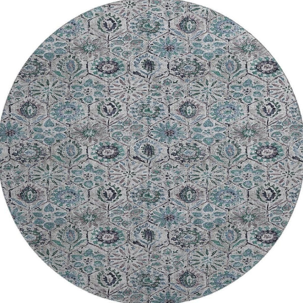 HomeRoots 8' X 10' Stylish Teal Gray Silver Floral Area Rug - Washable, UV Protected, Perfect for Busy Homes! 708677