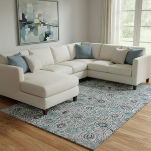 HomeRoots 9' X 12' Elegant Teal Gray Silver Floral Area Rug – Washable, UV Protected, & Stain Resistant Design 708678