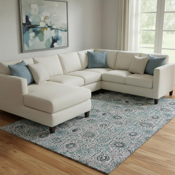 HomeRoots 9' X 12' Elegant Teal Gray Silver Floral Area Rug – Washable, UV Protected, & Stain Resistant Design 708678