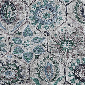 HomeRoots 9' X 12' Elegant Teal Gray Silver Floral Area Rug – Washable, UV Protected, & Stain Resistant Design 708678