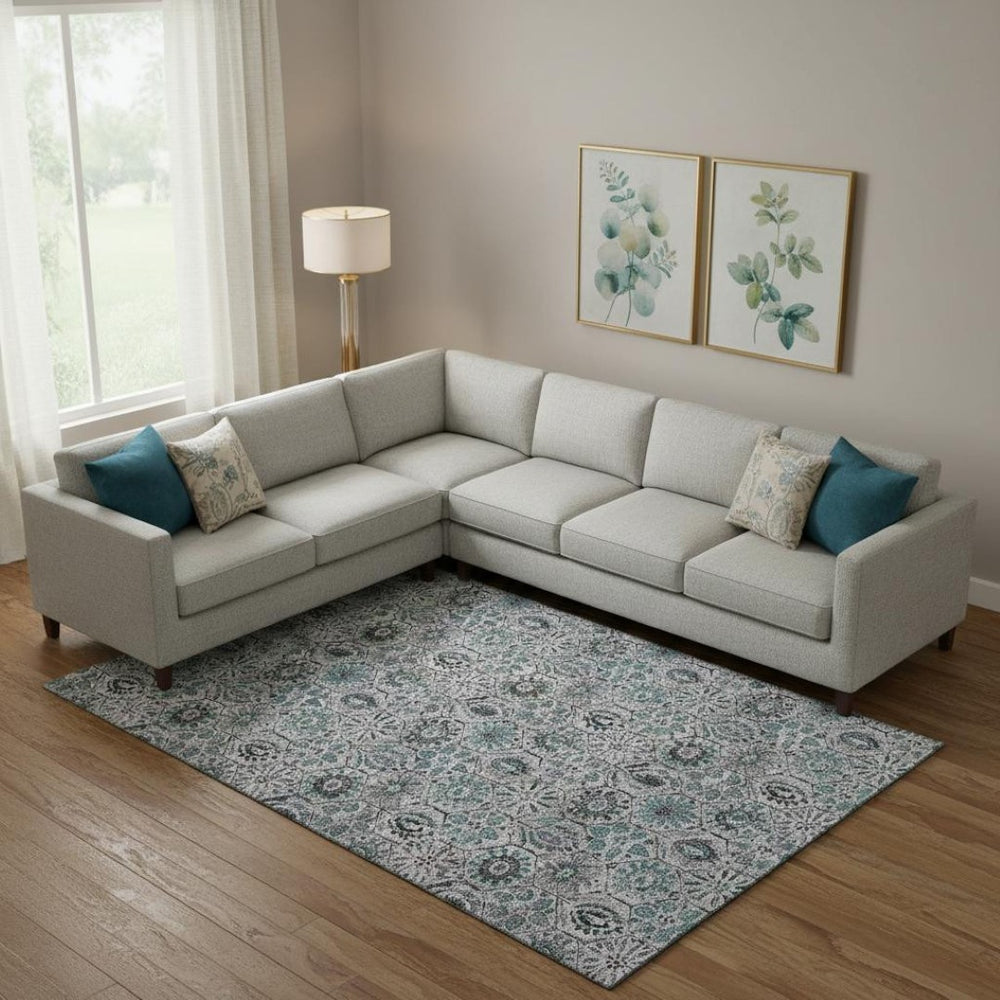 HomeRoots 10' X 14' Teal Gray Silver Floral Washable Area Rug - Durable, Stain Resistant, UV Protected Design! 708679