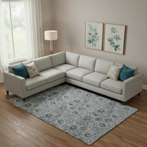 HomeRoots 10' X 14' Teal Gray Silver Floral Washable Area Rug - Durable, Stain Resistant, UV Protected Design! 708679