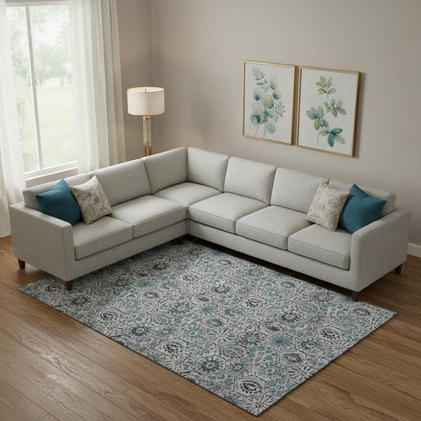 HomeRoots 10' X 14' Teal Gray Silver Floral Washable Area Rug - Durable, Stain Resistant, UV Protected Design! 708679