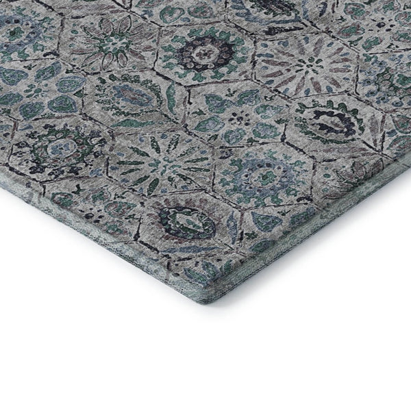 HomeRoots 10' X 14' Teal Gray Silver Floral Washable Area Rug - Durable, Stain Resistant, UV Protected Design! 708679