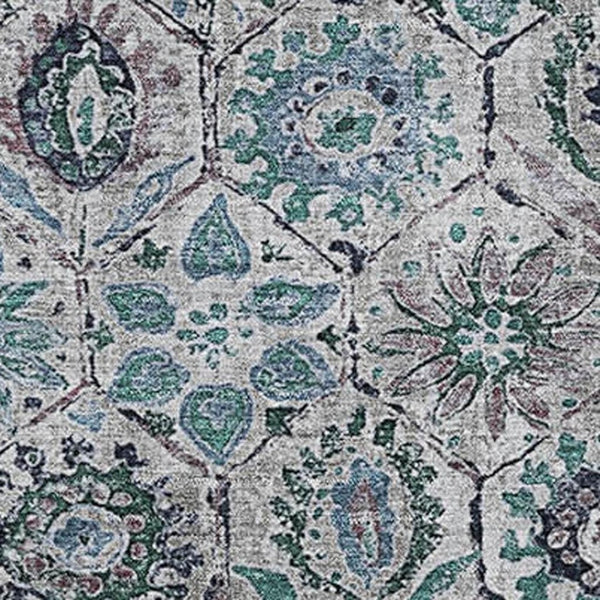 HomeRoots 10' X 14' Teal Gray Silver Floral Washable Area Rug - Durable, Stain Resistant, UV Protected Design! 708679