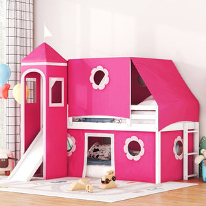 English Elm Twin Castle Loft Bed with Slide Tent Tower and Play Space for Kids Rooms Pink N708P249511H