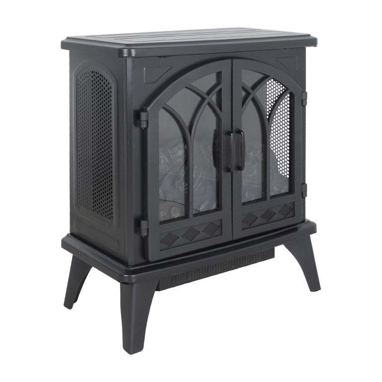 HomeRoots 24 Inch Black Metal Electric Fireplace with Carved Geometric Surround for Modern Homes 708694