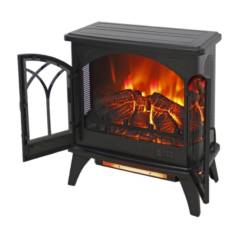 HomeRoots 24 Inch Black Metal Electric Fireplace with Carved Geometric Surround for Modern Homes 708694