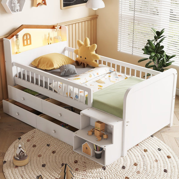 English Elm Low Twin Loft Bed with House-Style Headboard and Built-In LED Lights for Modern Kids' Rooms White 42.91 L x 28.35 W x 6.69 H W2593S00006