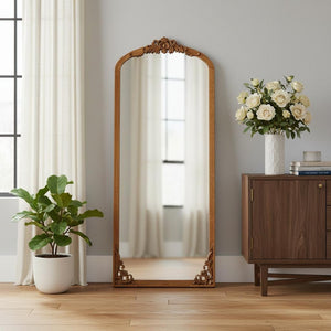 HomeRoots Black Wood Arched Freestanding Accent Mirror - Elegant Ornate Frame for Modern & Traditional Decor 708706
