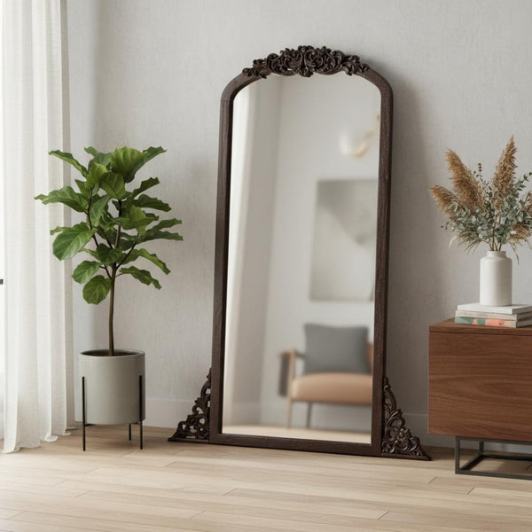 HomeRoots Black Wood Arch Freestanding Mirror - Elegant Ornate Framed Accent for Stylish Home Decor Spaces 708707