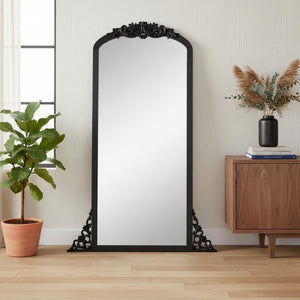 HomeRoots White Wood Arch Freestanding Accent Mirror - Ornate Design for Elegant Home Décor & Bright Spaces 708708