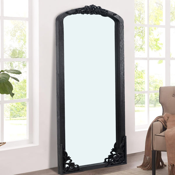 HomeRoots White Wood Arch Freestanding Accent Mirror - Ornate Design for Elegant Home Décor & Bright Spaces 708708