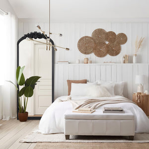 HomeRoots White Wood Arch Freestanding Accent Mirror - Ornate Design for Elegant Home Décor & Bright Spaces 708708