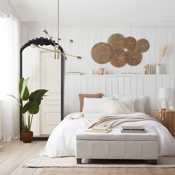 HomeRoots White Wood Arch Freestanding Accent Mirror - Ornate Design for Elegant Home Décor & Bright Spaces 708708