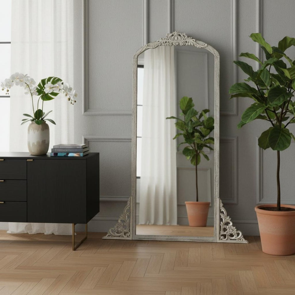 HomeRoots Black Wood Arch Freestanding Accent Mirror - Ornate Framed Design for Elegant Home Décor & Style 708709