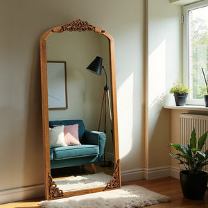 HomeRoots Black Arched Freestanding Accent Mirror with Ornate Aluminum Frame – Elegant Home Décor Statement Piece 708711