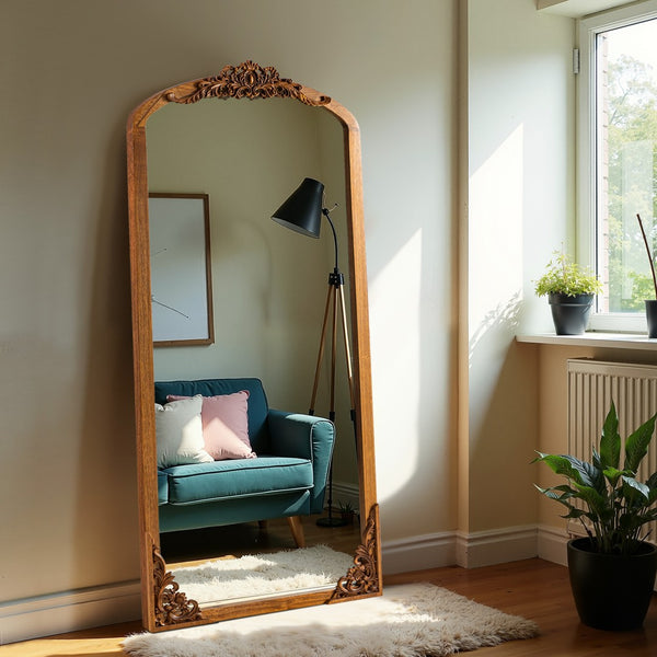 HomeRoots Black Arched Freestanding Accent Mirror with Ornate Aluminum Frame – Elegant Home Décor Statement Piece 708711