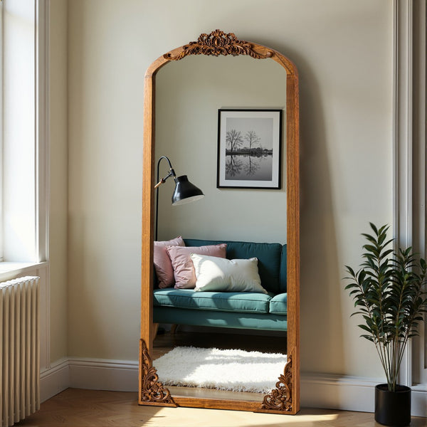 HomeRoots Black Arched Freestanding Accent Mirror with Ornate Aluminum Frame – Elegant Home Décor Statement Piece 708711
