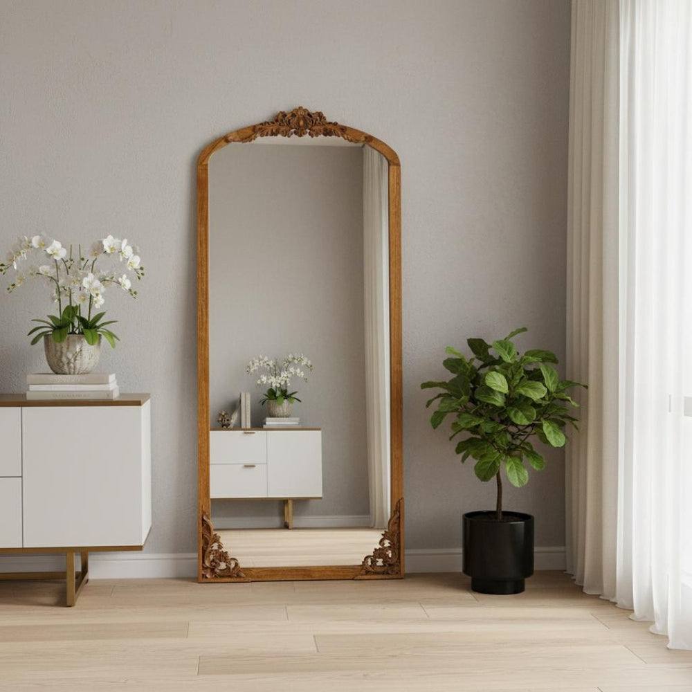 HomeRoots Black Arched Freestanding Accent Mirror with Ornate Aluminum Frame – Elegant Home Décor Statement Piece 708711