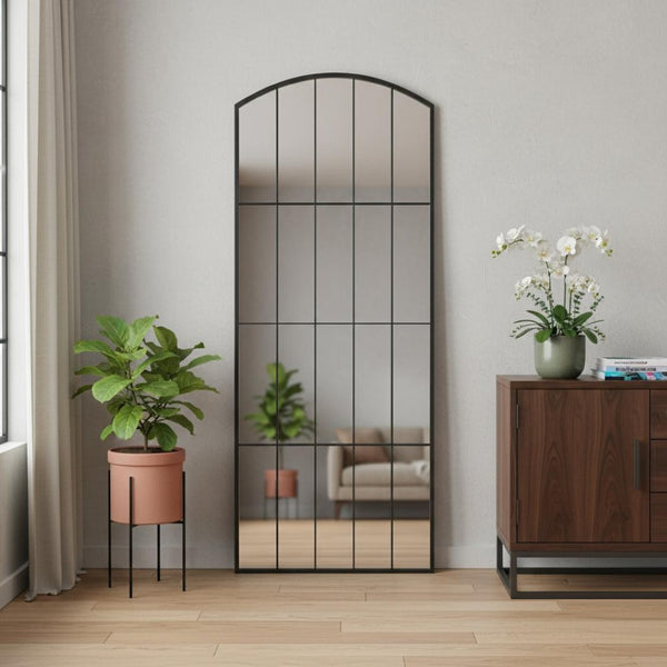 HomeRoots Black Freestanding Ornate Framed Accent Mirror – Elegant Arched Design for Modern & Traditional Spaces 708712