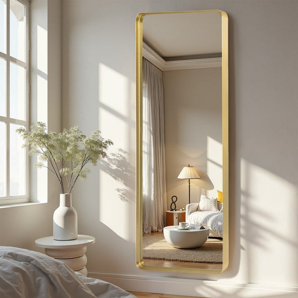 HomeRoots Gold Aluminum Freestanding Accent Mirror with Ornate Frame - Elevate Your Space in Style! 708718