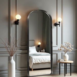 HomeRoots Black Freestanding Ornate Framed Accent Mirror - Arched Design for Elegant Spaces & Bright Interiors 708720