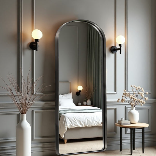 HomeRoots Black Freestanding Ornate Framed Accent Mirror - Arched Design for Elegant Spaces & Bright Interiors 708720
