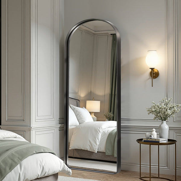 HomeRoots Black Freestanding Ornate Framed Accent Mirror - Arched Design for Elegant Spaces & Bright Interiors 708720
