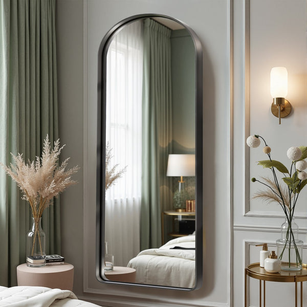 HomeRoots Black Freestanding Ornate Framed Accent Mirror - Arched Design for Elegant Spaces & Bright Interiors 708720