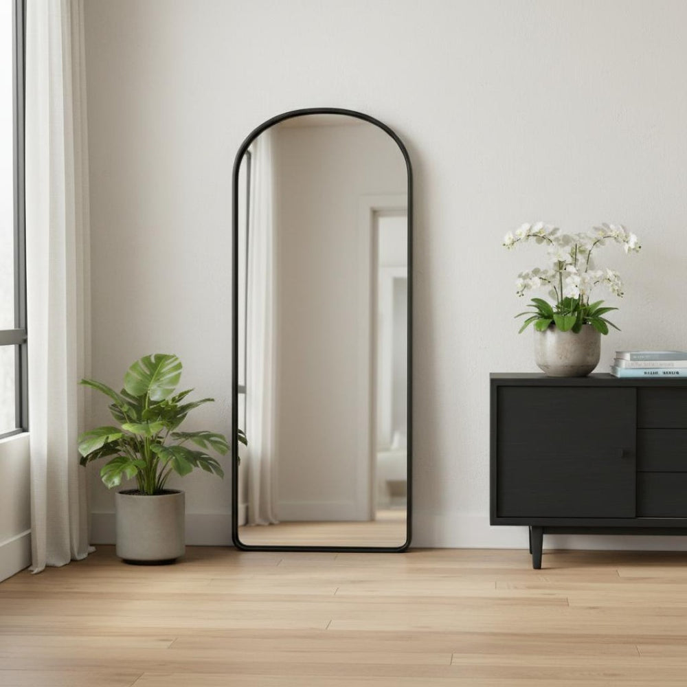HomeRoots Black Freestanding Ornate Framed Accent Mirror - Arched Design for Elegant Spaces & Bright Interiors 708720