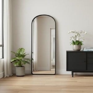 HomeRoots Black Freestanding Ornate Framed Accent Mirror - Arched Design for Elegant Spaces & Bright Interiors 708720