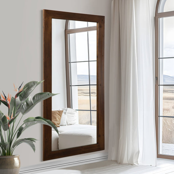 HomeRoots Brown Wood Arch Mirror – Elegant Freestanding Accent with Ornate Frame for Stylish Home Decor 708727