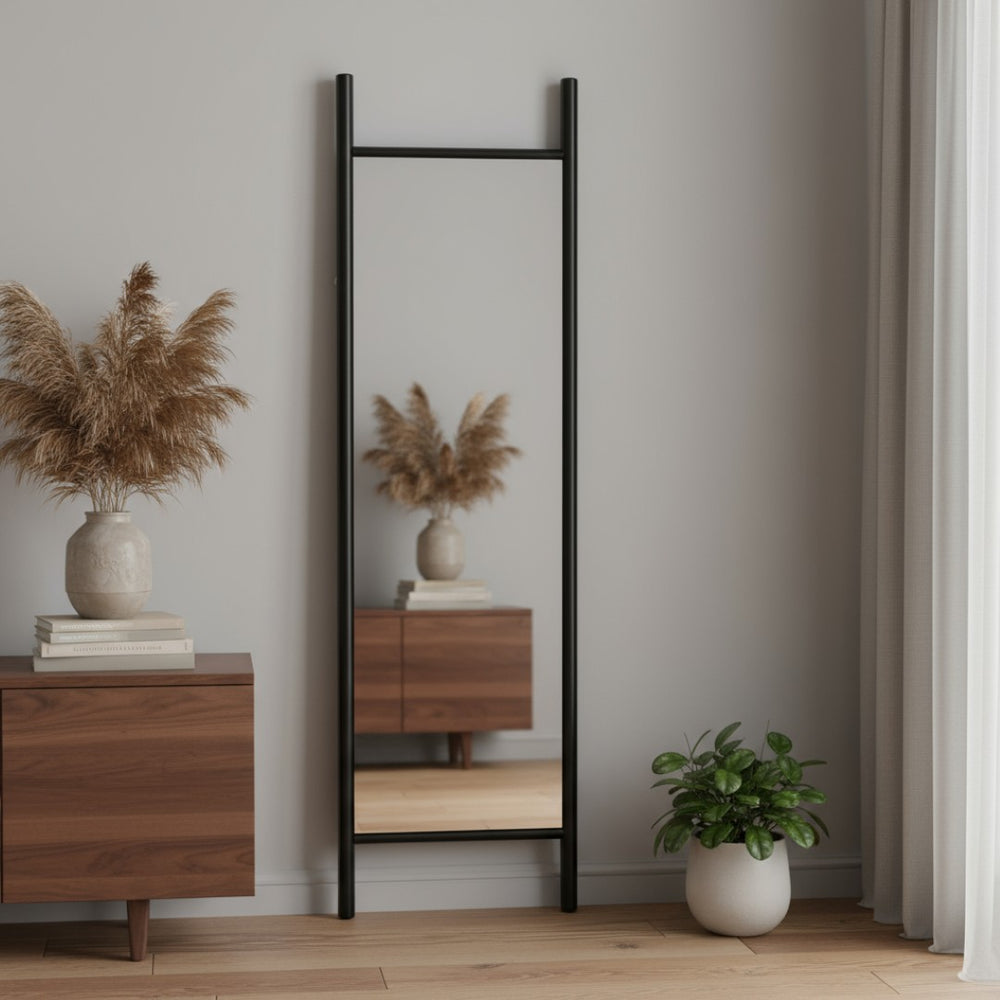 HomeRoots 71" Sleek Black Wood Leaning Ladder Mirror – Modern Full-Length Design for Stylish Interiors 708729
