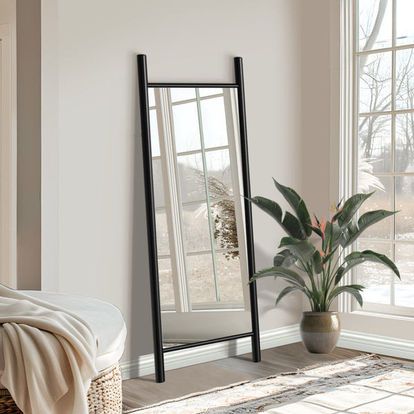 HomeRoots 71" Sleek Black Wood Leaning Ladder Mirror – Modern Full-Length Design for Stylish Interiors 708729