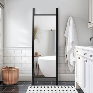 HomeRoots 71" Sleek Black Wood Leaning Ladder Mirror – Modern Full-Length Design for Stylish Interiors 708729