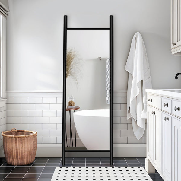 HomeRoots 71" Sleek Black Wood Leaning Ladder Mirror – Modern Full-Length Design for Stylish Interiors 708729