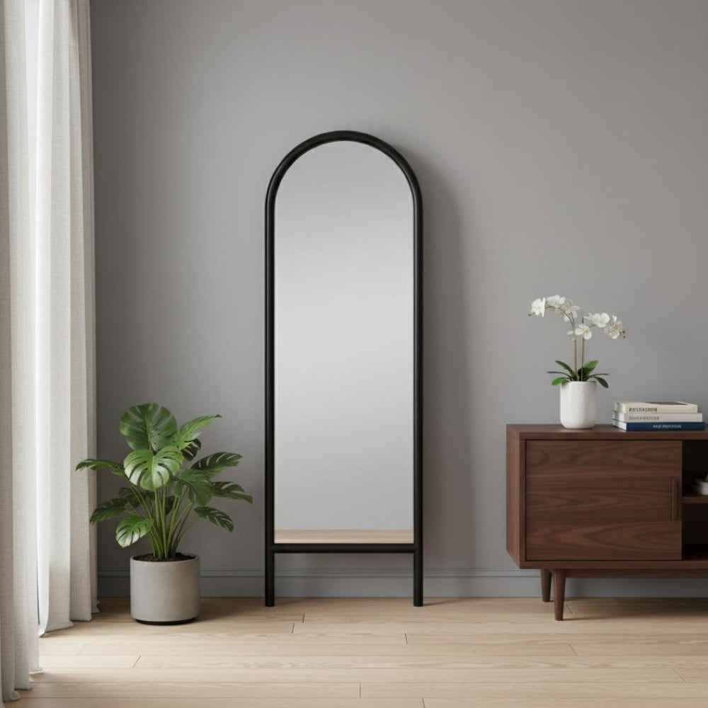 HomeRoots Brown Wood Arch Freestanding Accent Mirror - Ornate Framed Design for Elegant Home Décor & Reflection 708732