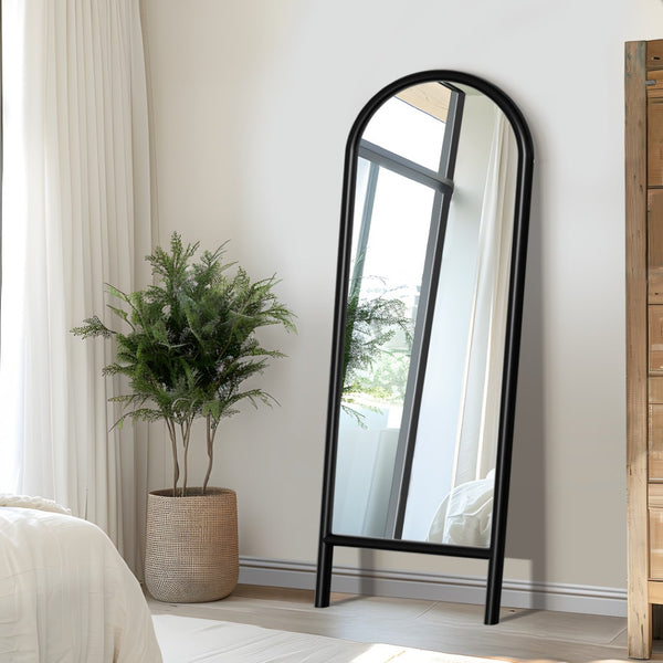 HomeRoots Brown Wood Arch Freestanding Accent Mirror - Ornate Framed Design for Elegant Home Décor & Reflection 708732