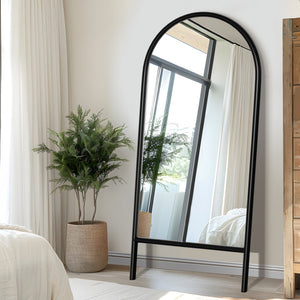 HomeRoots Black Arched Freestanding Accent Mirror with Ornate Frame - Elevate Your Space with Style and Charm 708734