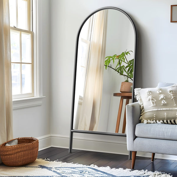 HomeRoots Black Arched Freestanding Accent Mirror with Ornate Frame - Elevate Your Space with Style and Charm 708734