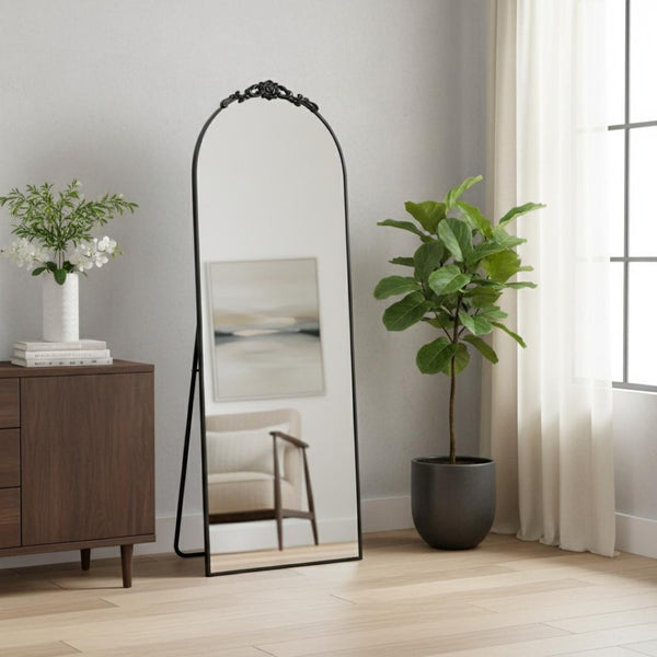 HomeRoots Gold Freestanding Arch Mirror with Ornate Frame - Elegant Gold Aluminum Design for Stylish Spaces 708739