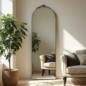 HomeRoots Gold Freestanding Arch Mirror with Ornate Frame - Elegant Gold Aluminum Design for Stylish Spaces 708739