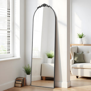 HomeRoots Gold Freestanding Arch Mirror with Ornate Frame - Elegant Gold Aluminum Design for Stylish Spaces 708739