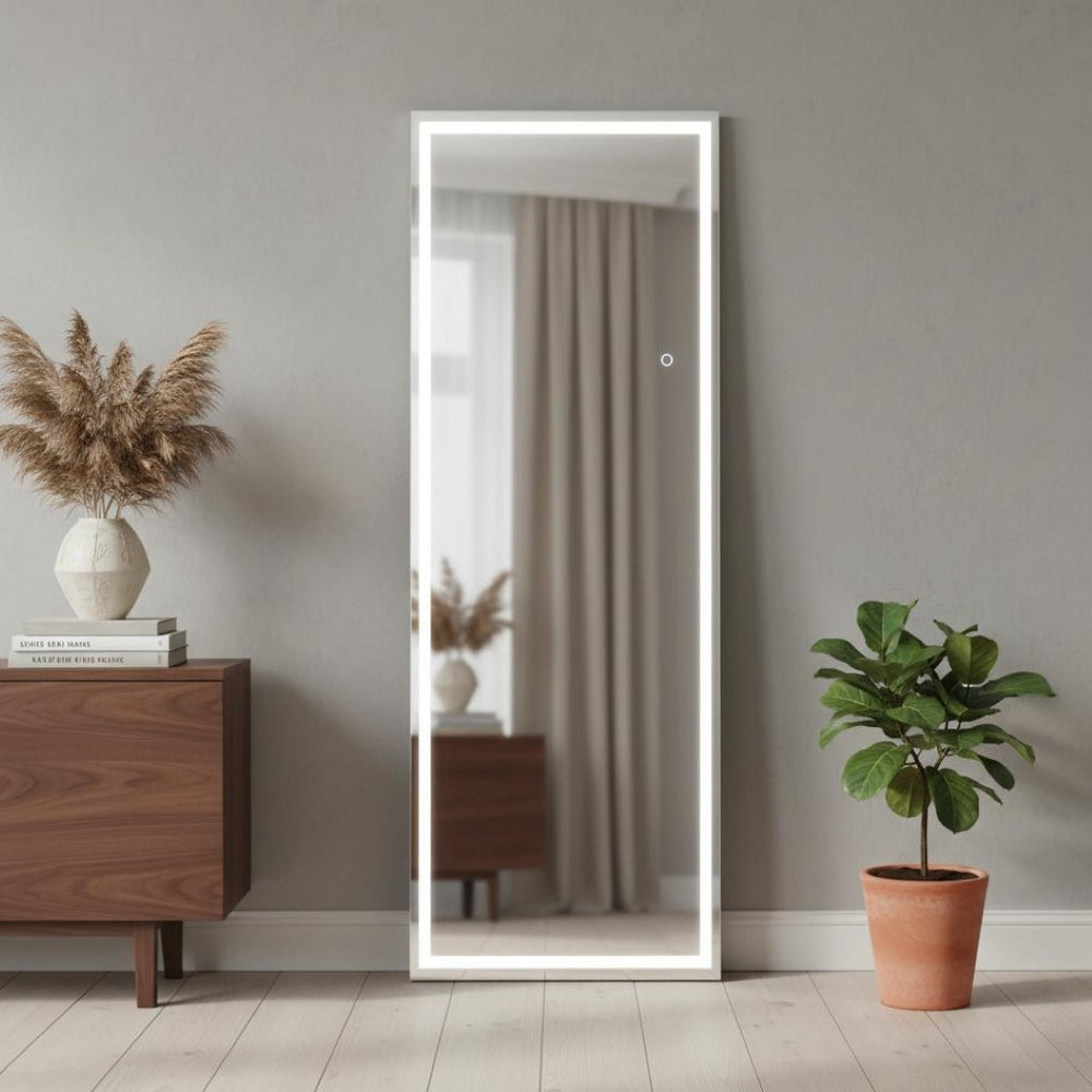 HomeRoots White Wood Arch Mirror with LED Lighting – Elegant Freestanding Accent for Any Room, Durable Design 708741