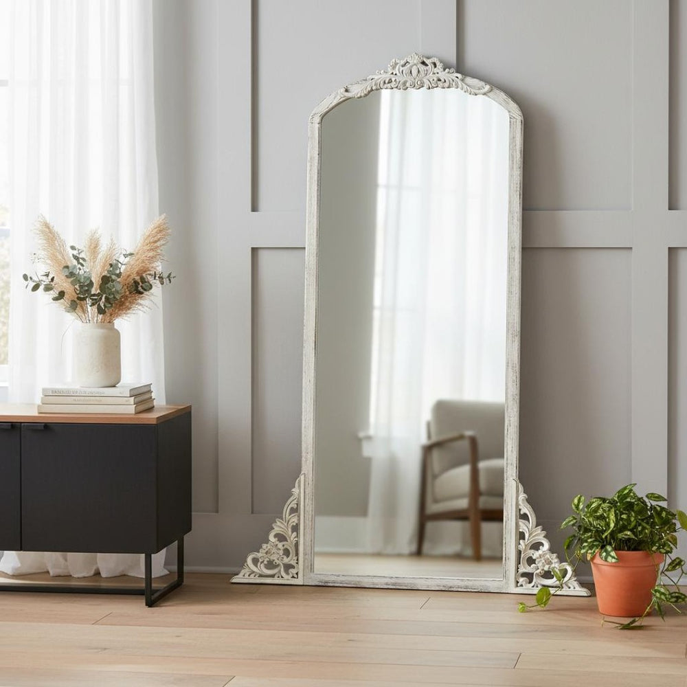 HomeRoots Brown Freestanding Ornate Accent Mirror - Elegant Arched Design in Durable Aluminum Frame for Home Decor 708742
